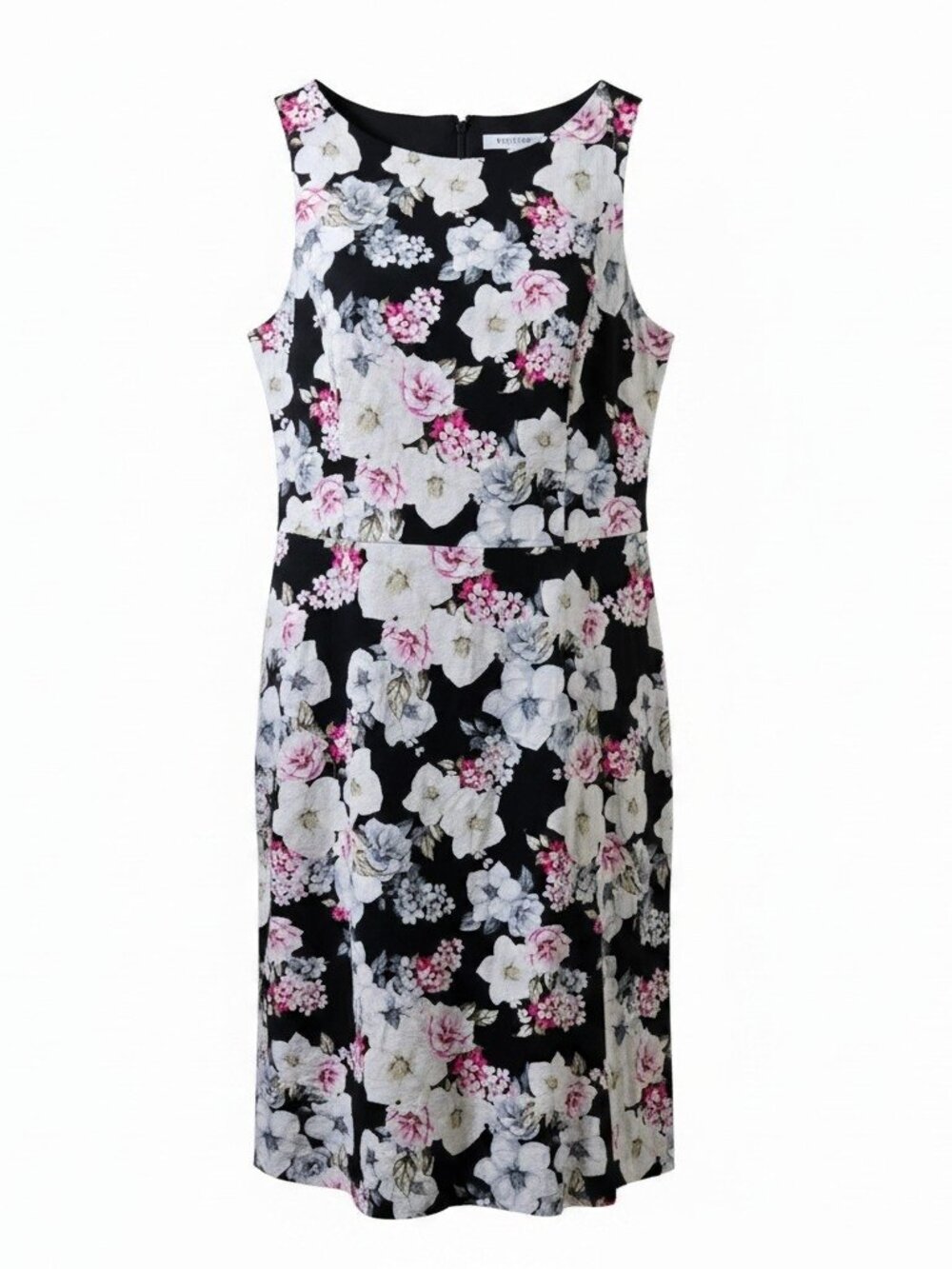 WHBM Floral Sheath Dress Size 14 Black Pink White Cotton Stretch Sleeveless Midi